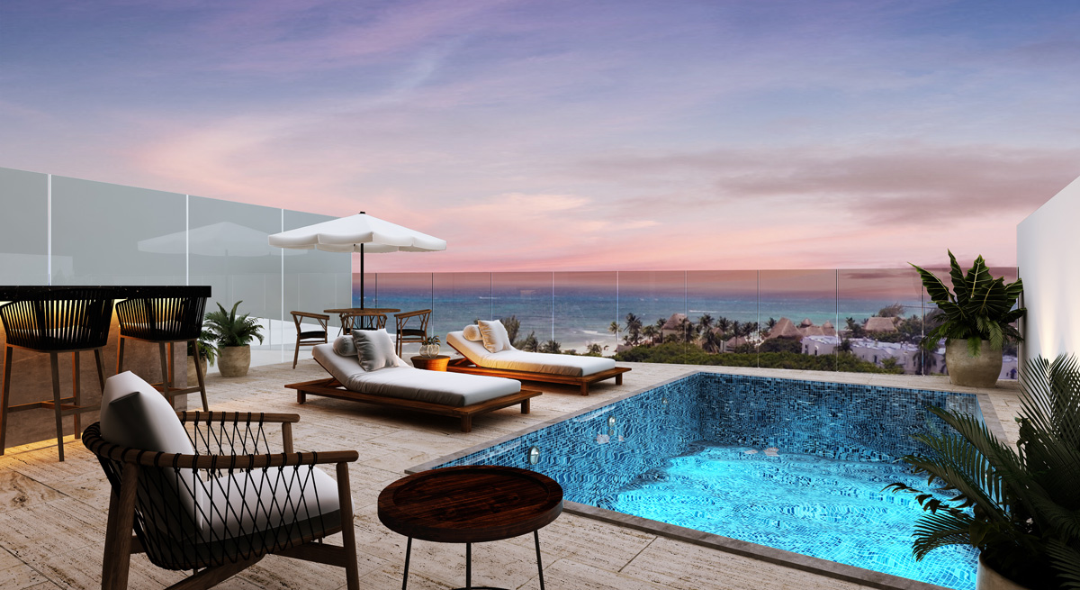 Departamento frente al mar, terraza, rooftop, alberca, pre-venta Playa del Carmen.