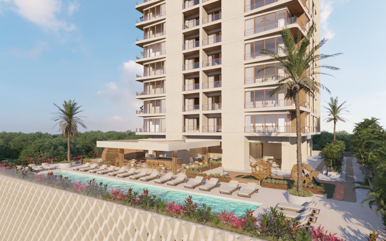 Condo with concierge, cinema, spa, gym, sky lounge, restaurant, dog area and more amenities in pre-construction, Cancun for sale.