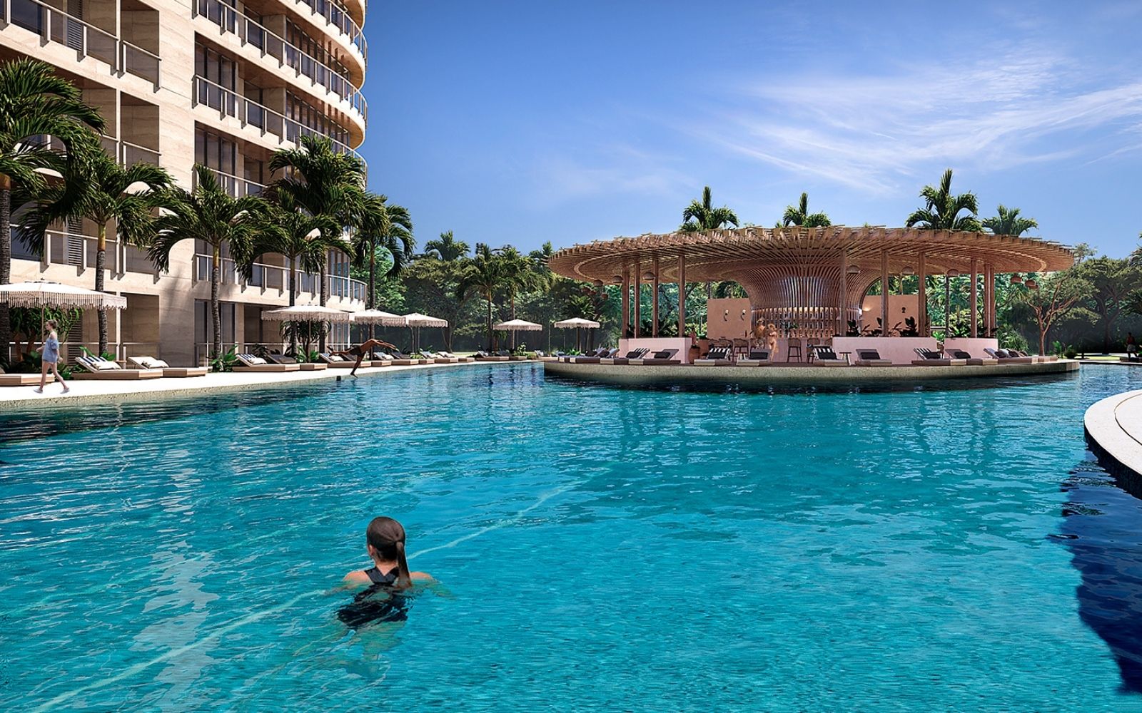 Condo con vista al mar y la marina, con amenidades: alberca infinity, spa, gimnasio, area lounge, salon de eventos, lobby, en Puerto Cancun