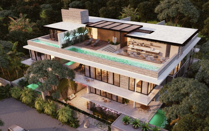 Luxury penthouse with infinity pool, bar, yoga area, and gym in Aldea Zamá.