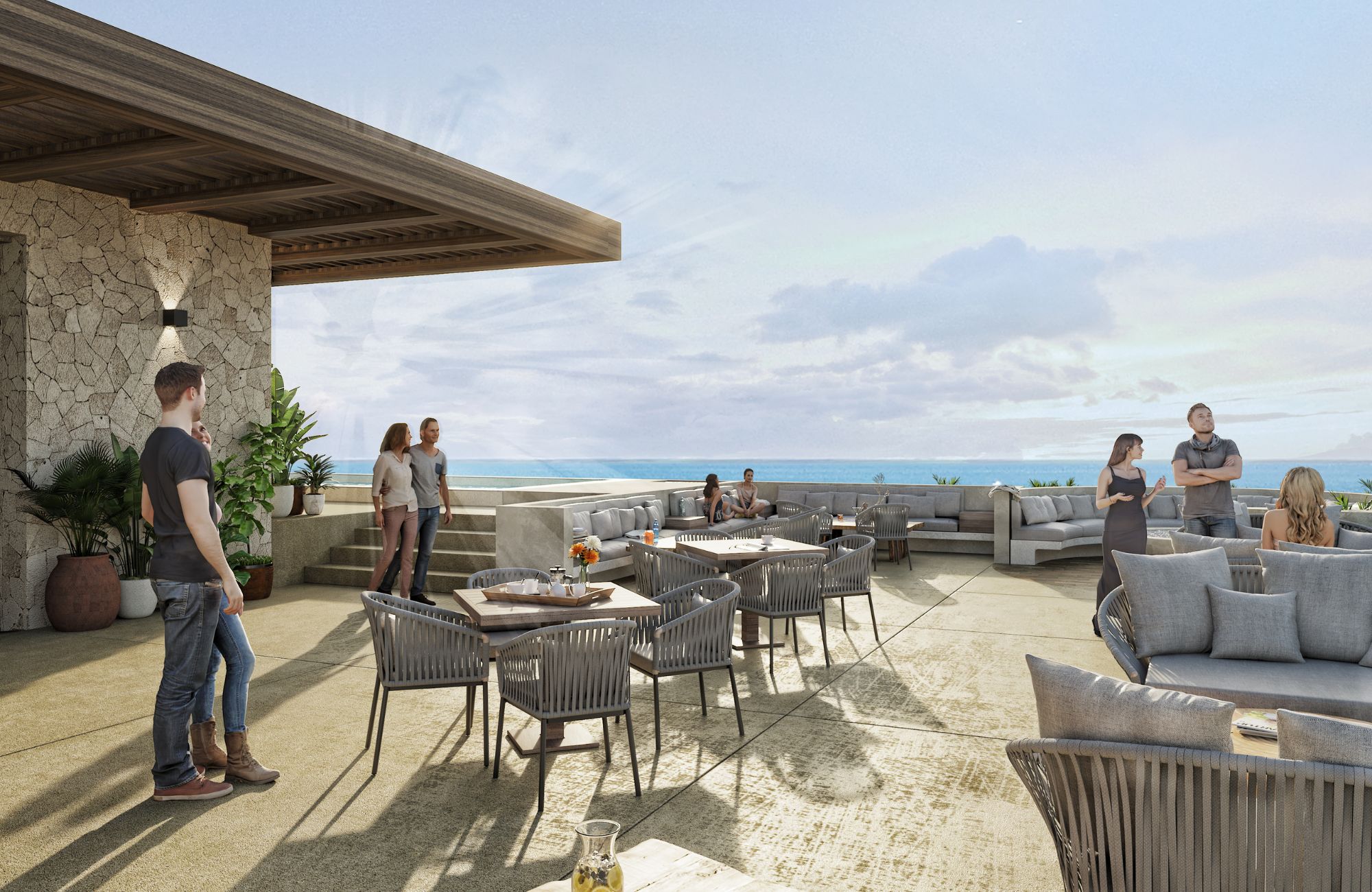 Condo with 29m2 garden, 2 terraces, ocean view pool, 200 meters from the beach, pre-construction, sale Puerto Morelos.