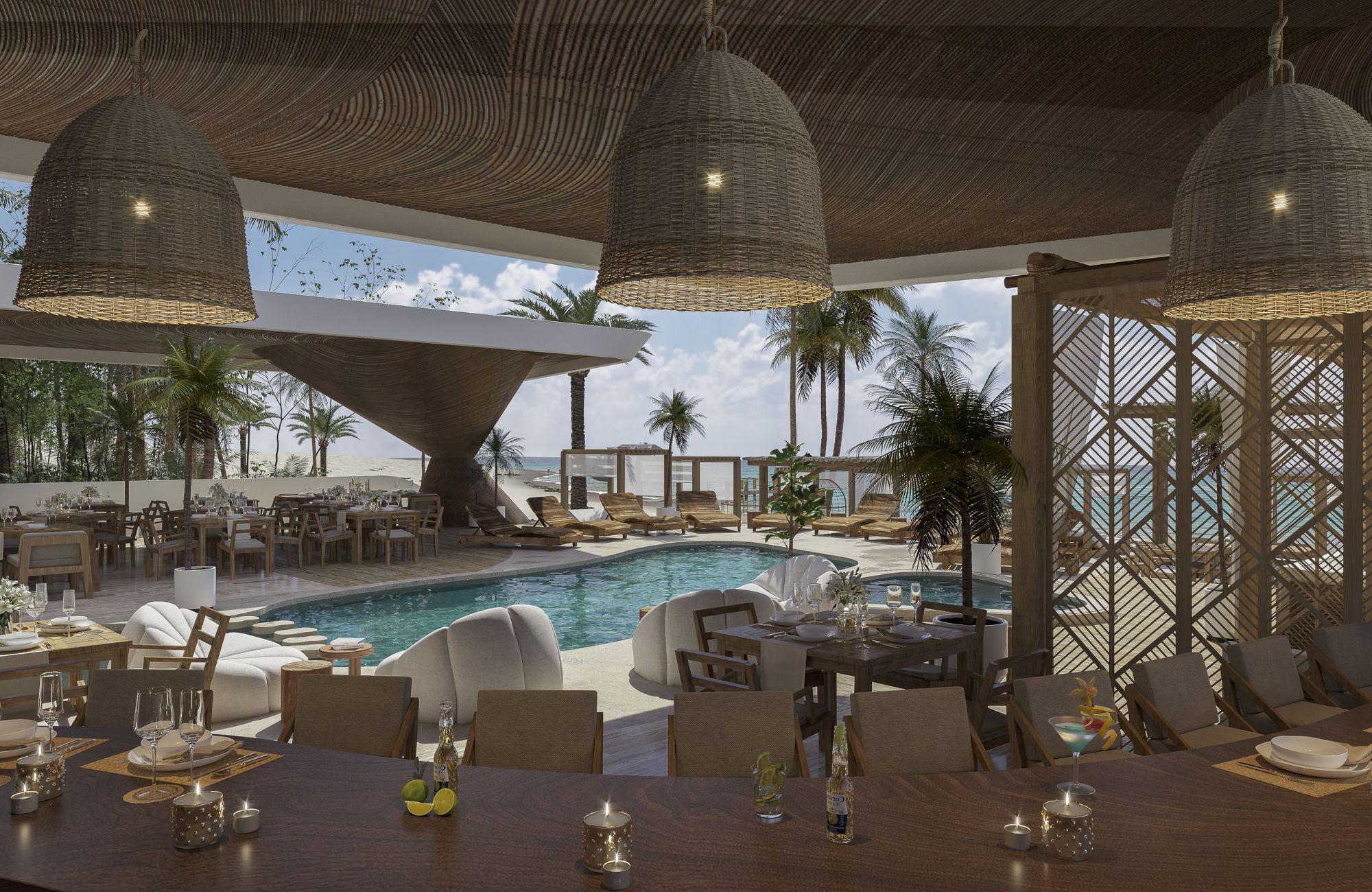 Condo with panoramic view, infinity pool, jacuzzi, snack bar, service room, pre-construction, in Puerto Cancun.