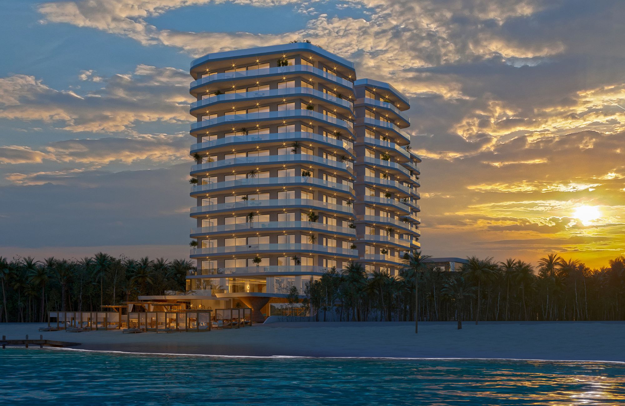 Ocean and marina view condo with amenities: infinity pool, spa, gym, lounge area, event room, lobby, located in Puerto Cancun