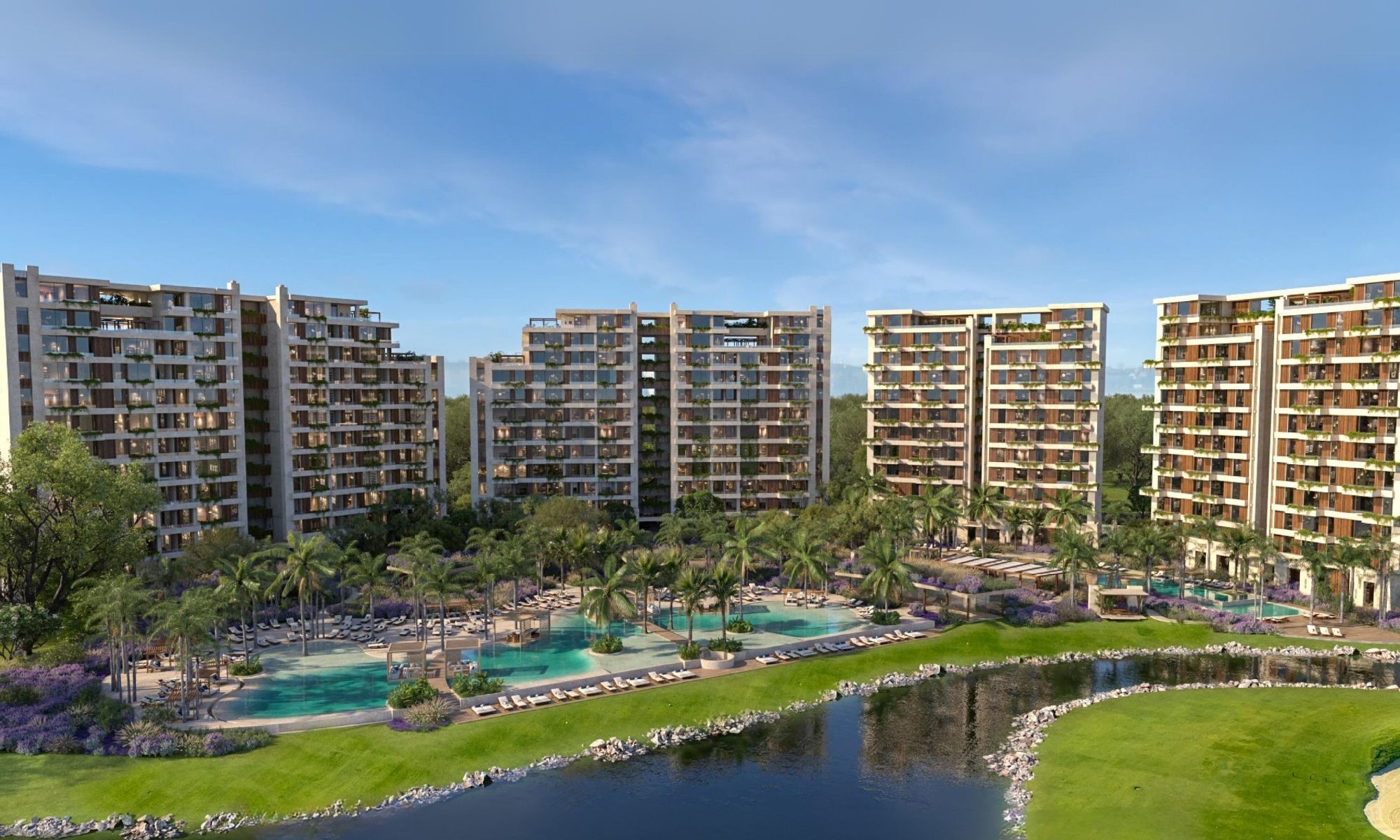 High rise condominium, with triple terrace, service room, TV room, with beach club, golf course, for sale, Corasol, Playa del Carmen, pre-co
