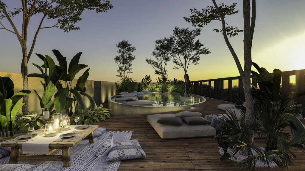 Condo in green building with luxury common areas, solar panels, jacuzzi, gym, concierge, 10 minutes from the beach, La Veleta, Tulum