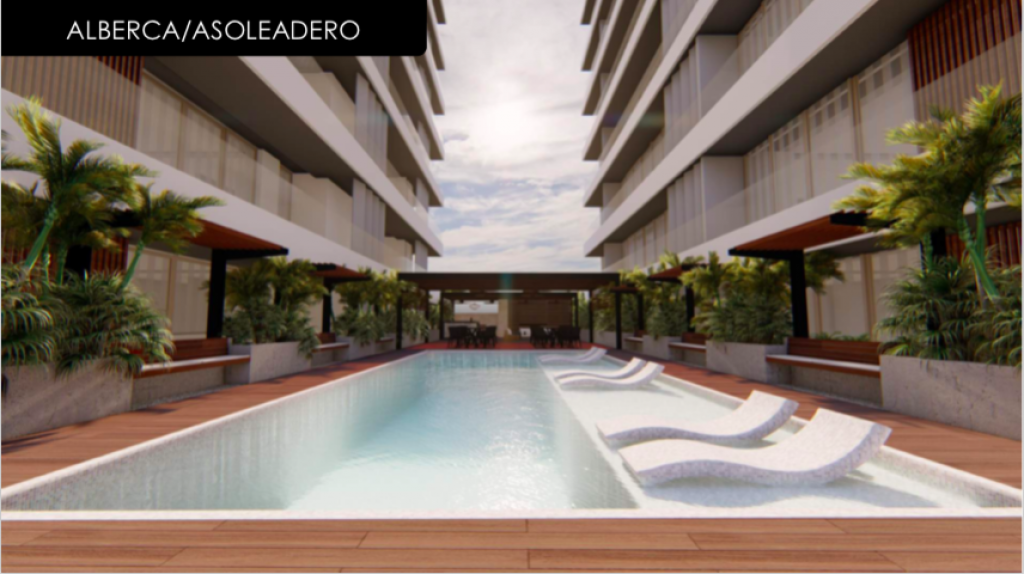 Apartment with 91 m2 garden, infinity pool, pet spa, cowork, gym, pre-construction, on Nader Avenue, Cancun, for sale.