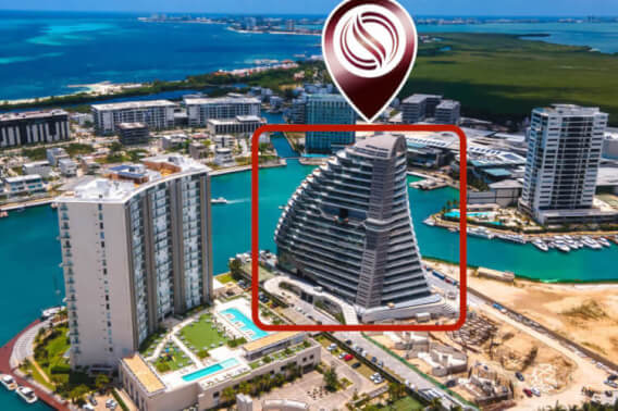 Ocean and marina view condo with amenities: infinity pool, spa, gym, lounge area, event room, lobby, located in Puerto Cancun