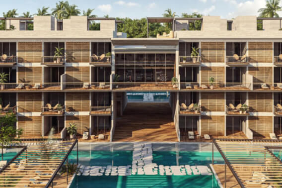 High rise condominium, with triple terrace, service room, TV room, with beach club, golf course, for sale, Corasol, Playa del Carmen, pre-co