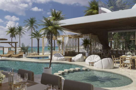 Condominio frente al mar con club de playa, terraza vista al mar, pre-construcción venta Cancun