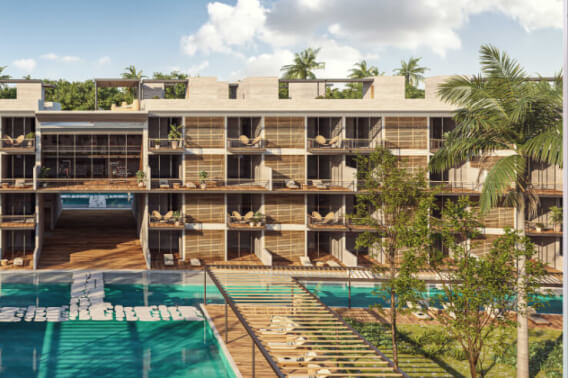 Condo 2 bedrooms + study, double terrace, double height, with beach club &amp; golf course, for sale, Corasol, Playa del Carmen, pre-constructio