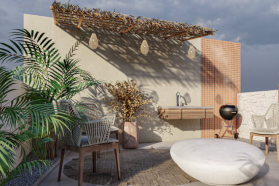 Apartment with roof top pool, barbecue, gym, fire pit, pre-construction for sale in Aldea Zama, Tulum.