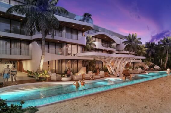 condo with oceanfront pool, pool bar, Iconic desig building, Eco friendly, for sale in Tulum.