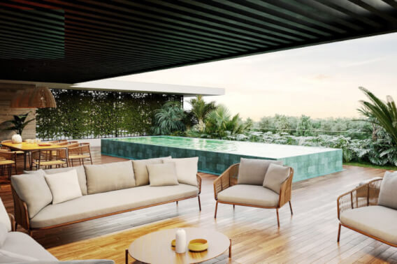 Penthouse de 515 m2 con alberca privada, cenote, alberca, a 400 metros de la playa, en campo de golf, pre-construccion-venta Playacar