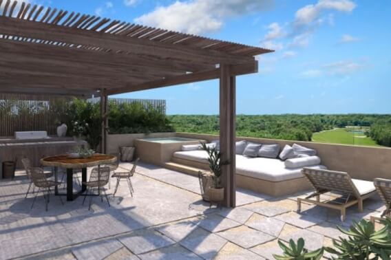 Golf course view penthouse with 140 m2 private terrace, service room, clubhouse, cenotes, beach club, parks, 2 covered parking spaces, pre-c